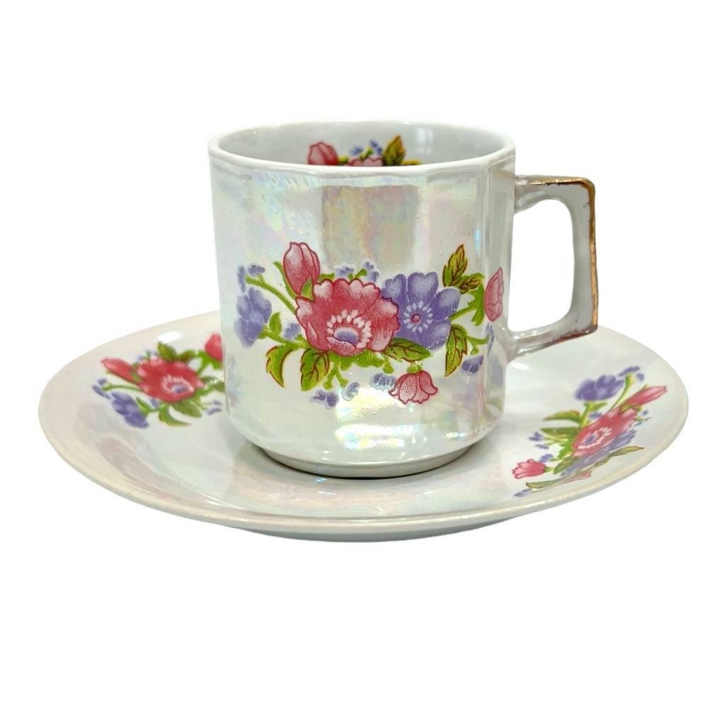 1970s WAHBEH OF CHINA LUSTERWARE PINK & PURPLE FLORAL CUPS & SAUCERS - SET OF 6